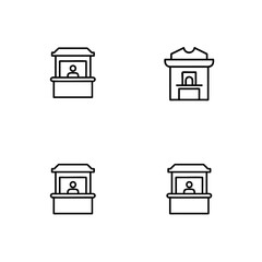Set of four simple line art icons representing market stalls or booths with a person inside each one