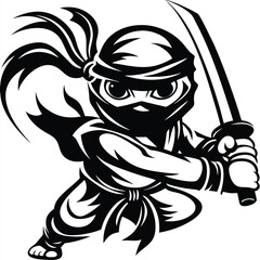 Cartoon ninja character with a fierce face brandishing a sword in monochrome style