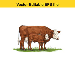 Fleckvieh Cow and Calf Bavarian Linocut Pasture Scene