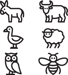 Minimalist animal icon set in a bold outline style. Vector collection of farm and wild animal pictograms like a donkey, bull, sheep, duck, owl, and bee.