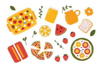 Delicious Morning Breakfast Ingredients: A vibrant illustration showcases a delightful array of breakfast essentials, artfully arranged and ready to inspire culinary creativity. 