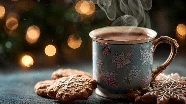 Steaming beverage of hot chocolate in vintage mug with floral pattern surrounded by snowflake decorated cookies and gingerbread cookie holiday treat cozy festive snack and cozy drink