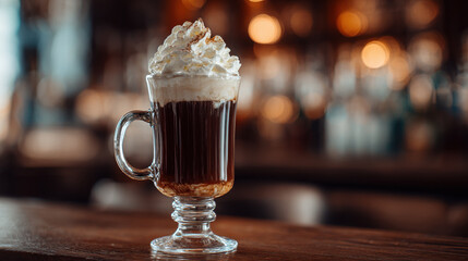 Irish coffee in glass mug with whipped cream, cozy bar setting
