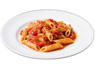 Penne Pasta with Tomato Sauce and Vegetables on a White Plate