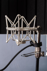 Silver spider microphone holder on a stand on a gray background