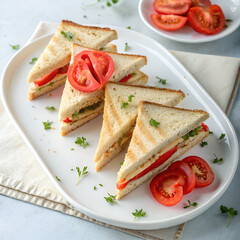 high angle of triangle sandwiches with tomatoes
