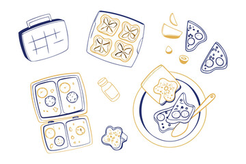 Culinary Artistry: Overhead perspective of artistic, line art depiction of a collection of toast in a delightful array of shapes and forms, showcasing culinary creativity.