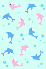 Playful pink and blue dolphin pattern with air bubbles on aquatic blue. Great for underwater-themed fabrics, summer prints, or ocean nursery decor.