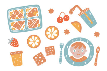 Nourishing Mealtime Delight: An illustration of a plate with a child's portrait and an assortment of colorful, nutritious baby food ingredients arranged playfully.