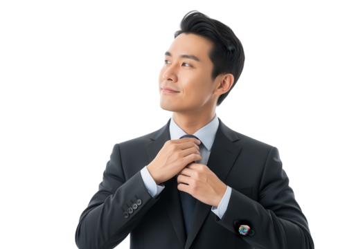 Asian Businessman Adjusting Tie, Looking Away on White Background