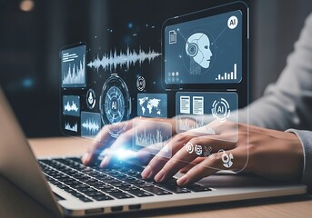 Photo of closeup of hands typing on a laptop with a futuristic digital interface displaying ai, data analysis, charts, and graphs for business growth