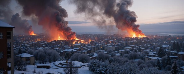 A dramatic winter scene unfolds as a massive fire engulfs an urban area, with billowing black smoke rising into the sky and flames casting an eerie glow over the snowcovered landscape