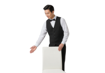 Asian Waiter in Vest Gesturing to Empty Chair