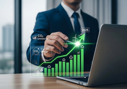 Photo of businessman analyzing financial growth chart with rising arrow and wind turbine, representing sustainable business development and green energy investment