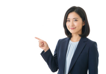 Asian Businesswoman Pointing Right with a Slight Smile