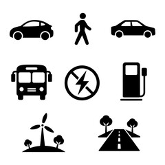 Naklejka premium collection of black silhouette vector transportation and eco-friendly travel icons
