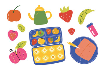 Cheerful mealtime: A vibrant flat-lay illustration presents a delightful collection of mealtime, highlighting fresh and healthy options suitable for children.