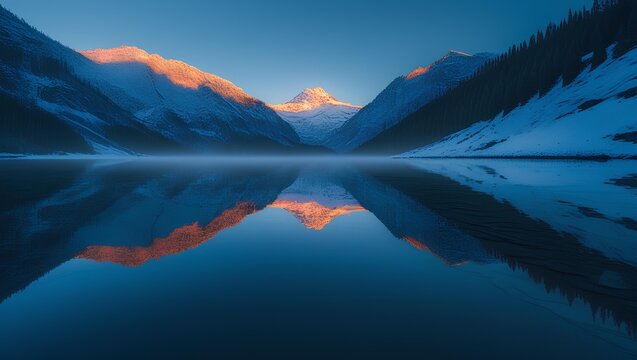 a still mountain lake reflecting the surrounding snow-dusted peaks and forested slopes