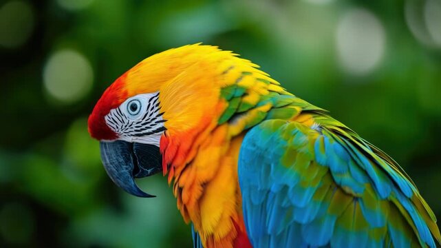 A colorful parrot perched on the top of a tree branch, looking around