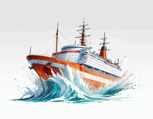 Fototapeta premium A red wooden sailing ship with a large hull, multiple masts, and white sails unfurled, cuts through turquoise waves, creating a splash of foam and spray 