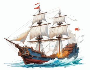 A red wooden sailing ship with a large hull, multiple masts, and white sails unfurled, cuts through turquoise waves, creating a splash of foam and spray. © Majid