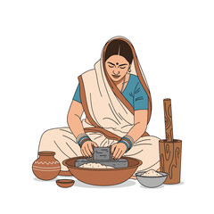 Traditional indian woman grinding grains with a stone grinding tool