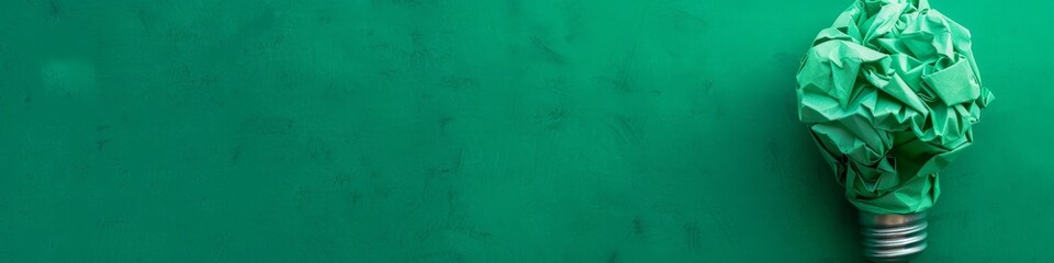 A symbolic concept for green energy and sustainable innovation, visualized by a crumpled paper light bulb on a textured green background.