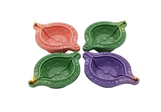 Photo of four colorful clay diyas are arranged in a square, representing the festival of diwali isolated on transparent background - Powered by Adobe