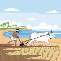 Obraz premium Farmer plowing field with oxen along the ocean shoreline