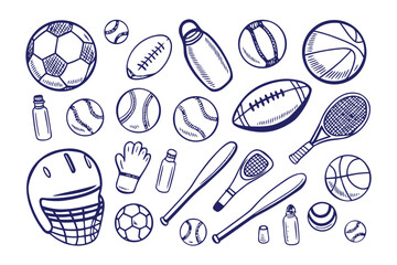 Fototapeta premium Sports Collection: A dynamic array of sports equipment illustrations, each drawn with meticulous detail. An assortment of iconic sport tools, each line conveying motion and energy.