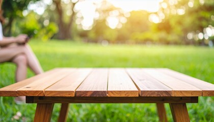 Fototapeta premium Empty wooden table for product display in a sunny park background