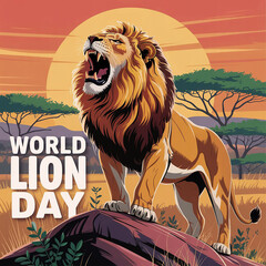 Roaring Lion Illustration for World Lion Day with Sunset Background