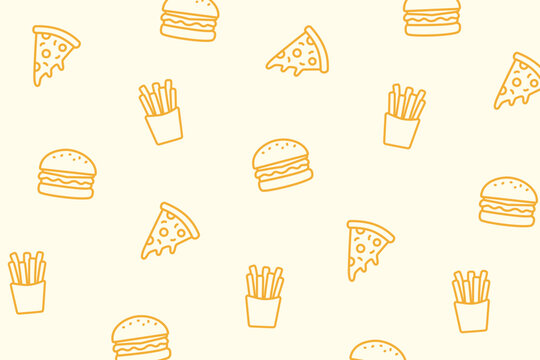 Fun fast food seamless pattern featuring pizza, burgers, and fries on pale yellow. Perfect for snack branding, kids’ designs, or restaurant-themed prints.