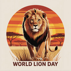 Majestic Lion Standing Illustration for World Lion Day with African Sunset