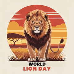 Majestic Lion Standing Illustration for World Lion Day with African Sunset
