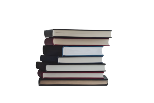 A front side on view of a pile of seven study books, textbooks, on a table isolated against a transparent background