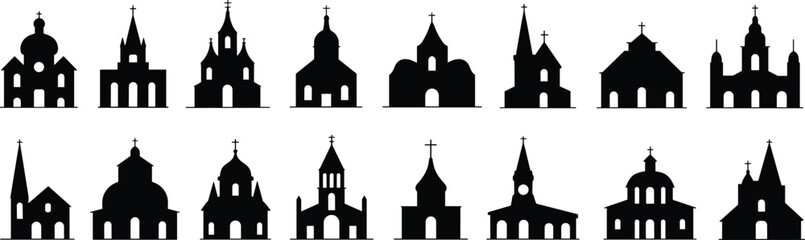 Church Silhouettes Collection, Religious Architecture Vector, Diverse Building Styles, Graphic Design Resource, Adobe Stock Illustration, Spiritual Landmark Icons, Editable Art