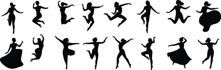 Dance Pose Silhouettes, Black Vector Icons, Dynamic Movement Graphics, Performing Arts Illustration, Acrobat Figures, Adobe Stock Design, Expressive Body Shapes