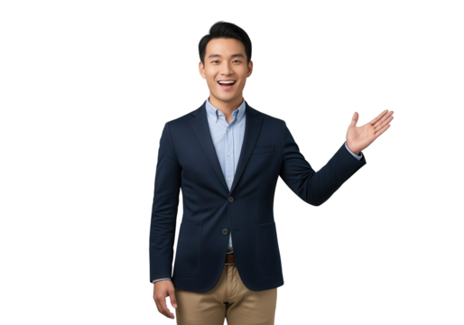 Excited Asian Businessman Presenting with Open Palm on White