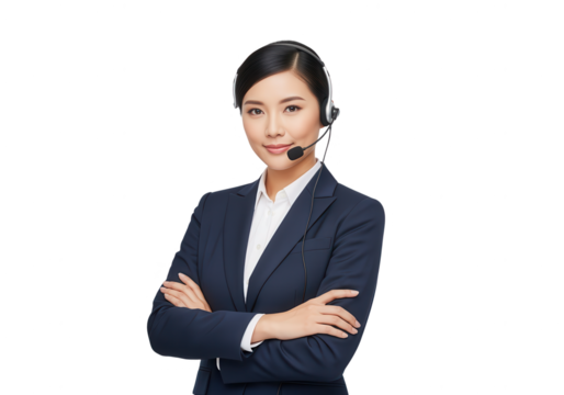 Asian Customer Service Representative with Headset on White