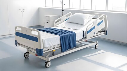 Modern adjustable hospital bed in a bright clean medical environment