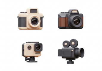 Photo of a collection of four different types of cameras isolated on transparent background, including vintage, digital, action, and video cameras