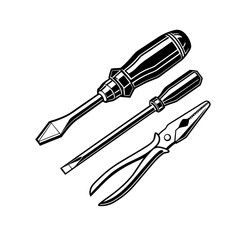 Black and White Vintage Vector Illustration of Hand Tools Set Including Screwdrivers and Pliers for Mechanical Work, Home Repair, and Workshop Equipment Concepts