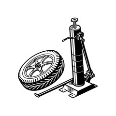 Detailed Black and White Vintage Illustration of a Manual Tire Changer Tool with Car Wheel for Auto Repair, Vehicle Maintenance, and Garage Equipment Concepts