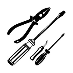 Vector Silhouette of Screwdrivers and Pliers – Black and White Hand Tool Icon Set for Mechanic, Repair, and Construction Themes