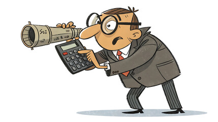Accountant with calculator and telescope isolated on white background