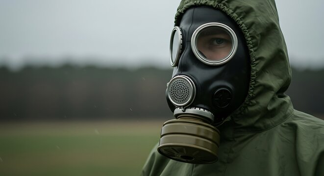 Person Wearing Gas Mask in a Field During a Rainy Day - Powered by Adobe