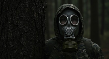 Person in Gas Mask Hiding in a Forest Environment