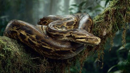 A massive anaconda coiled around a tree branch reptiles embodying stealth and strength in the Amazon