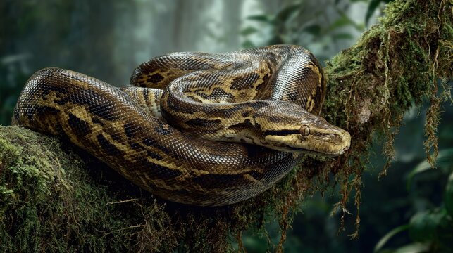 A massive anaconda coiled around a tree branch reptiles embodying stealth and strength in the Amazon